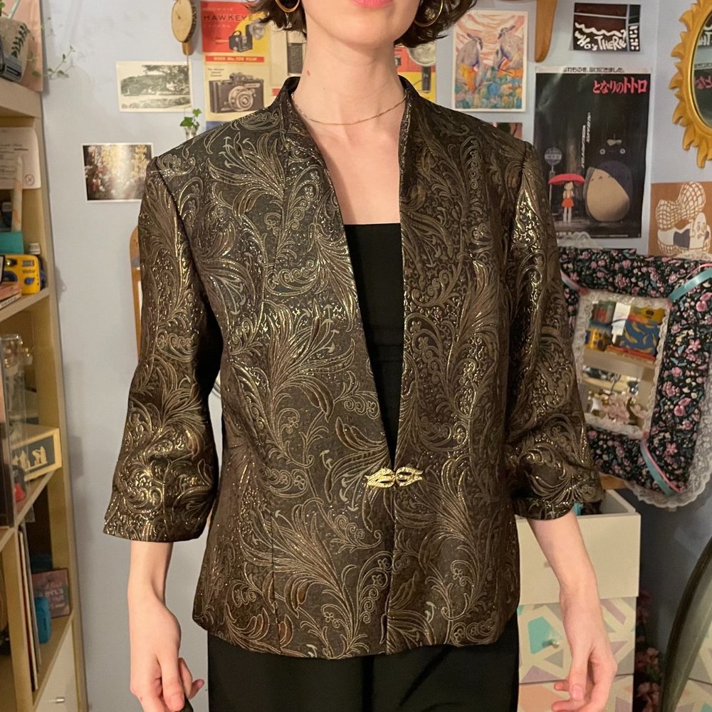Peacock feather shiny hook button bronze sparkly blazer